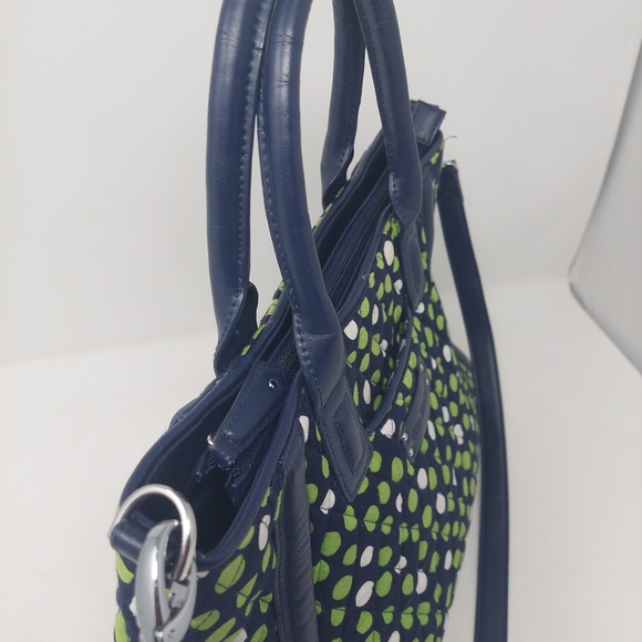 Vera Bradley Lucky Dots Trapeze Tote Navy Blue With Green White Polka Dots - Picture 7 of 12